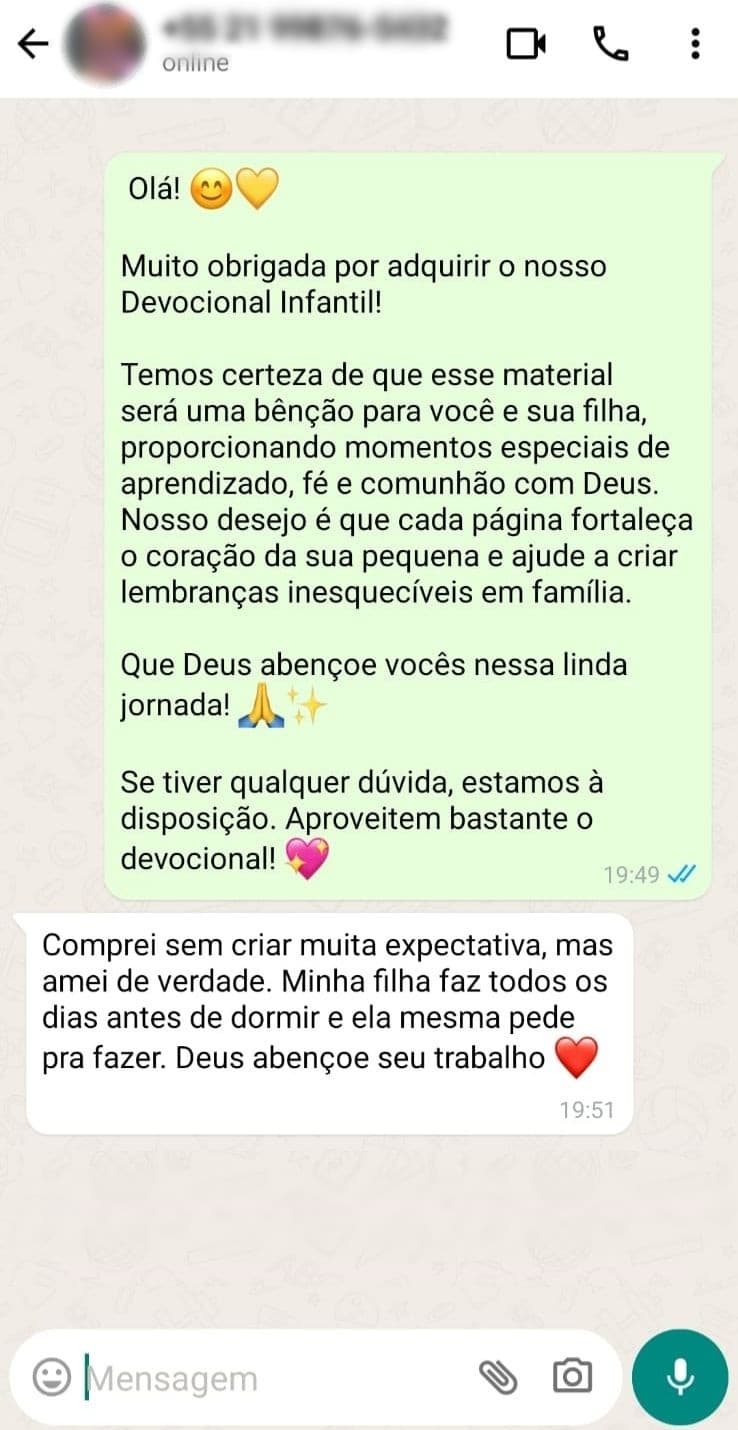 Print de depoimento de cliente no WhatsApp